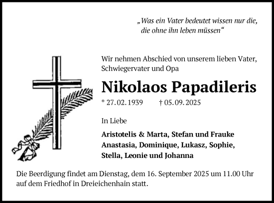 Traueranzeige von Nikolaos Papadileris von OFOP