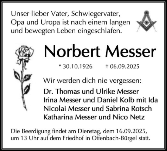 Traueranzeige von Norbert Messer von OFOP