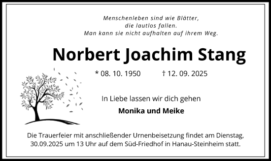 Traueranzeige von Norbert Joachim Stang von OFOP