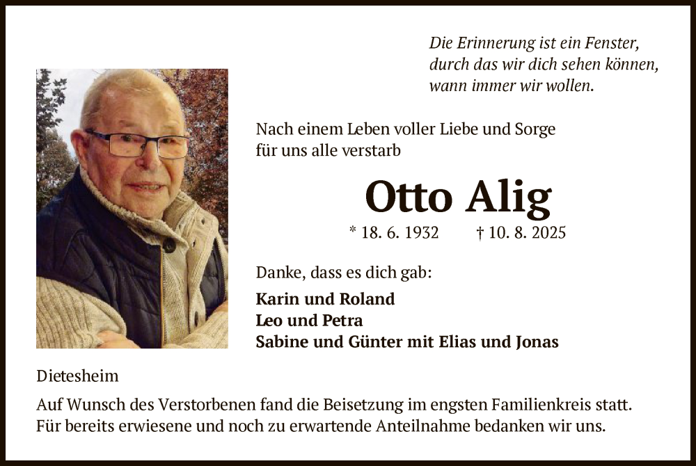  Traueranzeige für Otto Alig vom 06.09.2025 aus OFOP