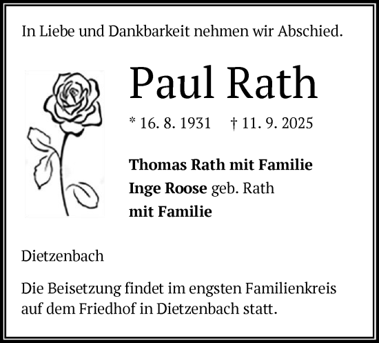 Traueranzeige von Paul Rath von OFOP