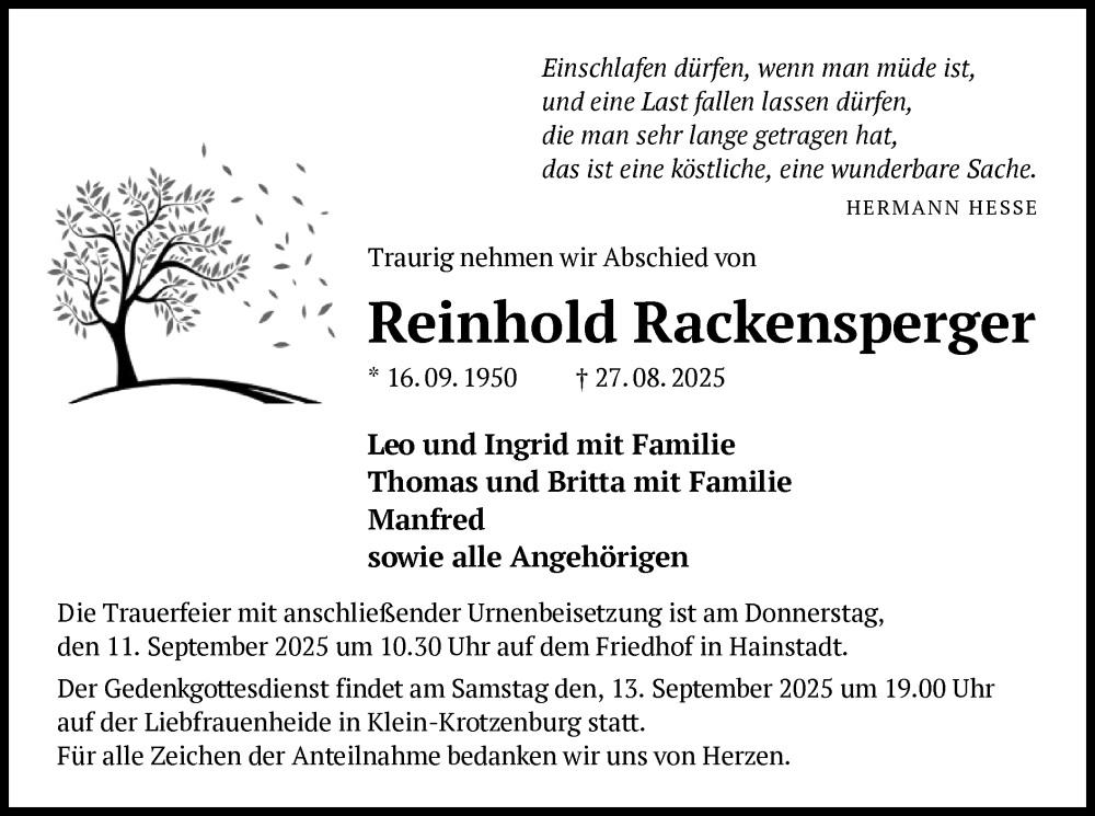  Traueranzeige für Reinhold Rackensperger vom 06.09.2025 aus OF0L
