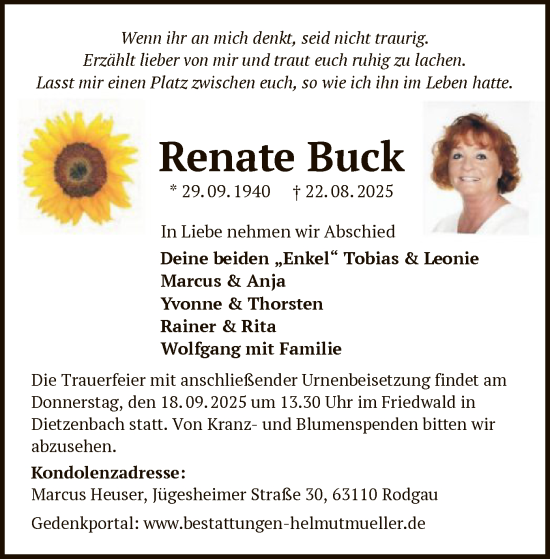 Traueranzeige von Renate Buck von OFOP