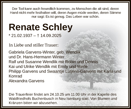 Traueranzeige von Renate Schley von OFOP