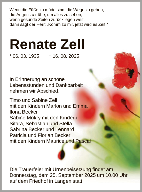 Traueranzeige von Renate Zell von OF0W