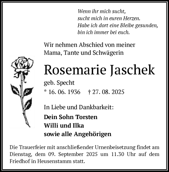 Traueranzeige von Rosemarie Jaschek von OFOP