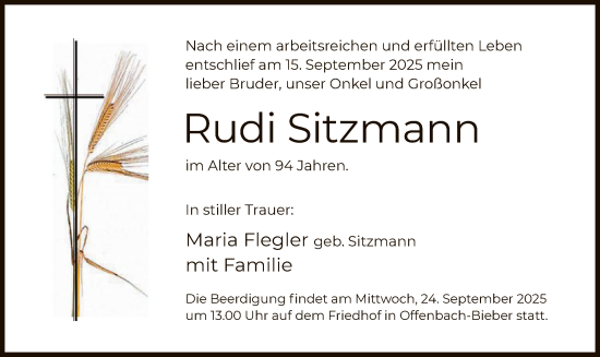 Traueranzeige von Rudi Sitzmann von OFOP
