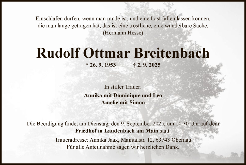  Traueranzeige für Rudolf Ottmar Breitenbach vom 06.09.2025 aus OFOP