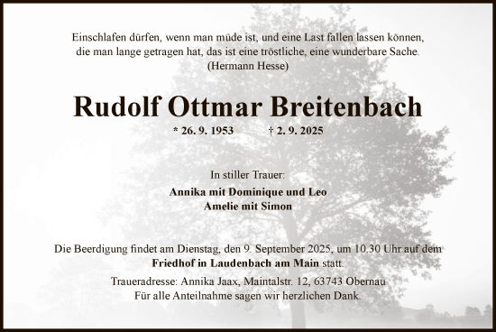 Traueranzeige von Rudolf Ottmar Breitenbach von OFOP