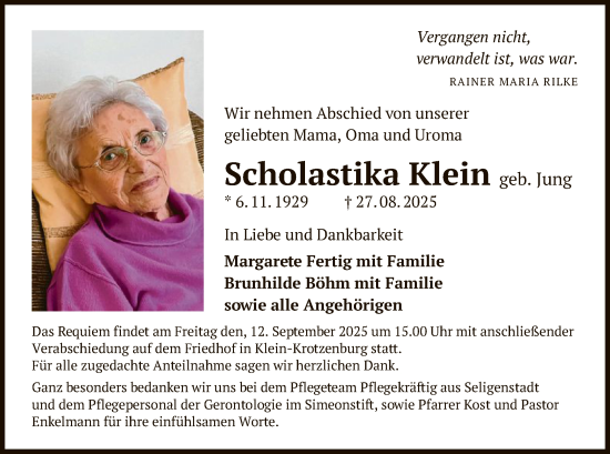 Traueranzeige von Scholastika Klein von OF0L