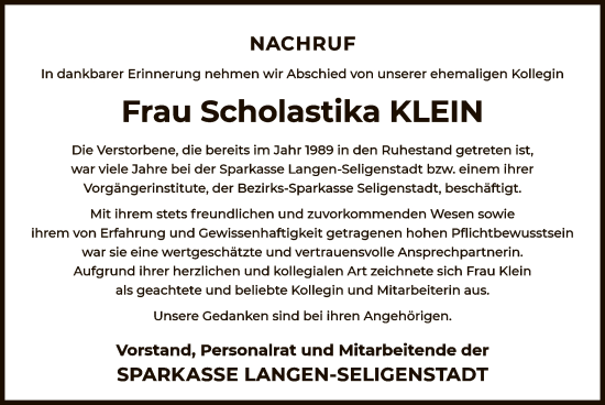 Traueranzeige von Scholastika Klein von OFOP