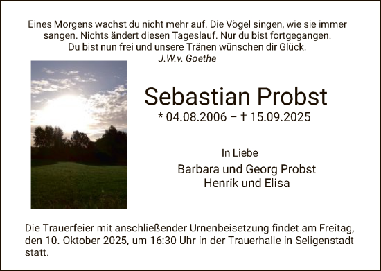 Traueranzeige von Sebastian Probst von OF0L