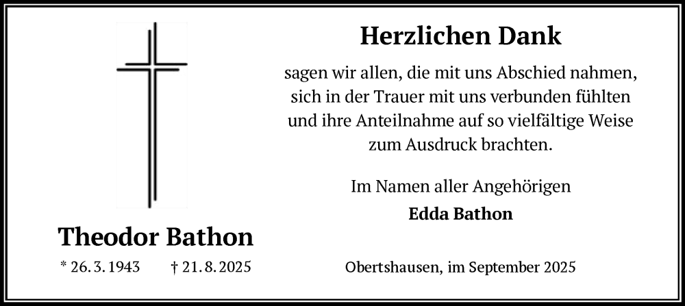  Traueranzeige für Theodor Bathon vom 27.09.2025 aus OFOP