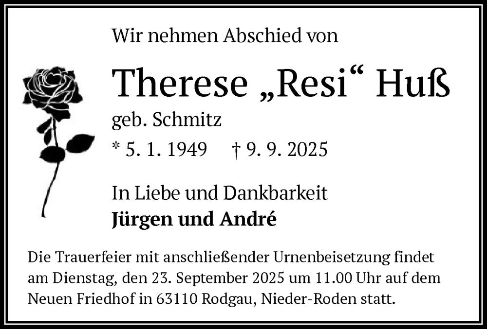  Traueranzeige für Therese Huß vom 20.09.2025 aus OF0L