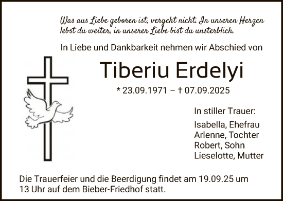 Traueranzeige von Tiberiu Erdelyi von OFOP