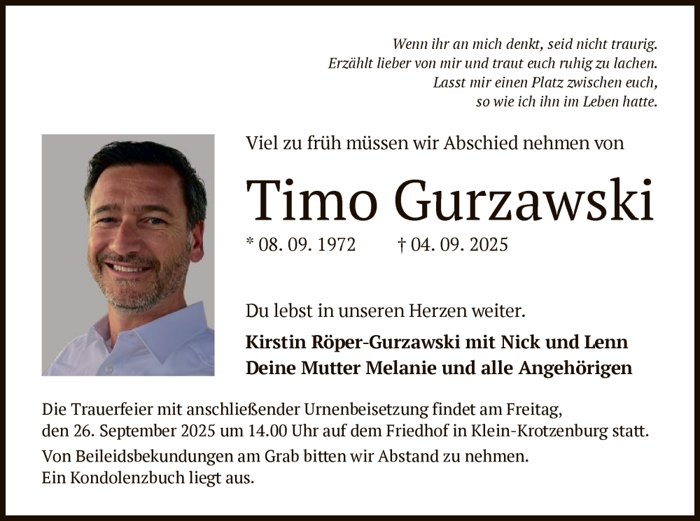  Traueranzeige für Timo Gurzawski vom 20.09.2025 aus OFOP
