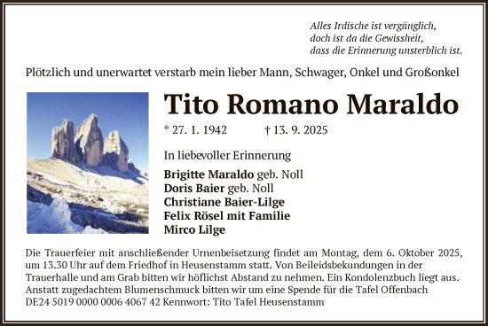 Traueranzeige von Tito Romano Maraldo von OFOP