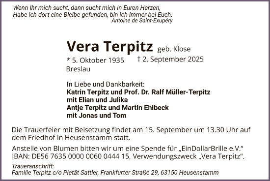 Traueranzeige von Vera Terpitz von OFOP