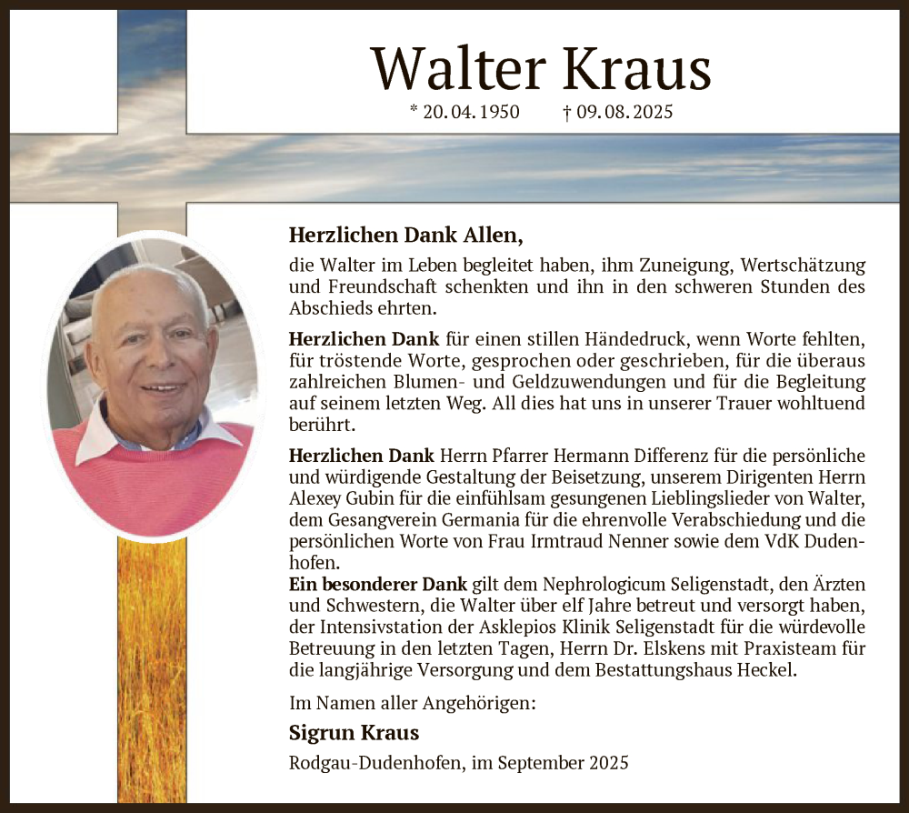  Traueranzeige für Walter Kraus vom 13.09.2025 aus OFOP