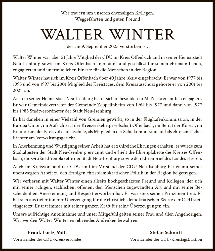  Traueranzeige für Walter Winter vom 20.09.2025 aus OFOP