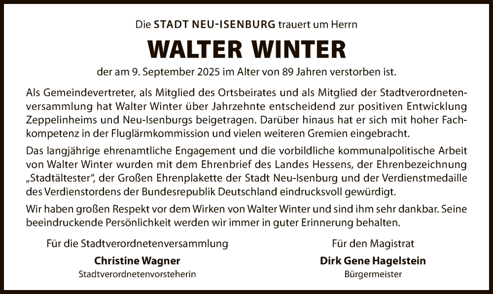  Traueranzeige für Walter Winter vom 20.09.2025 aus OF0W