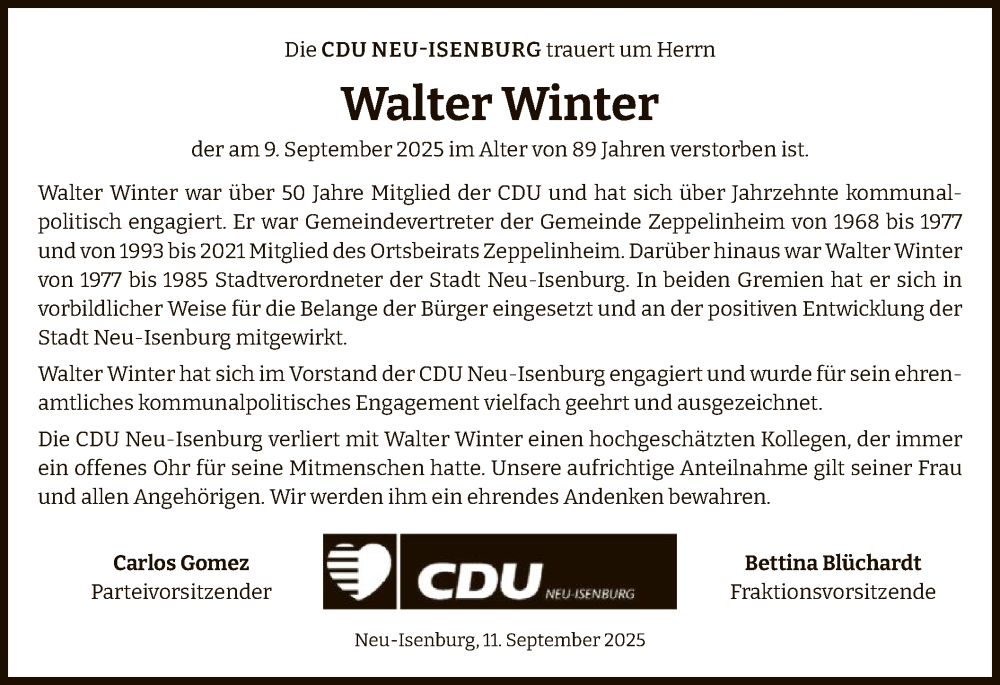  Traueranzeige für Walter Winter vom 20.09.2025 aus OF0W