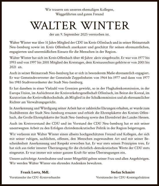 Traueranzeige von Walter Winter von OFOP