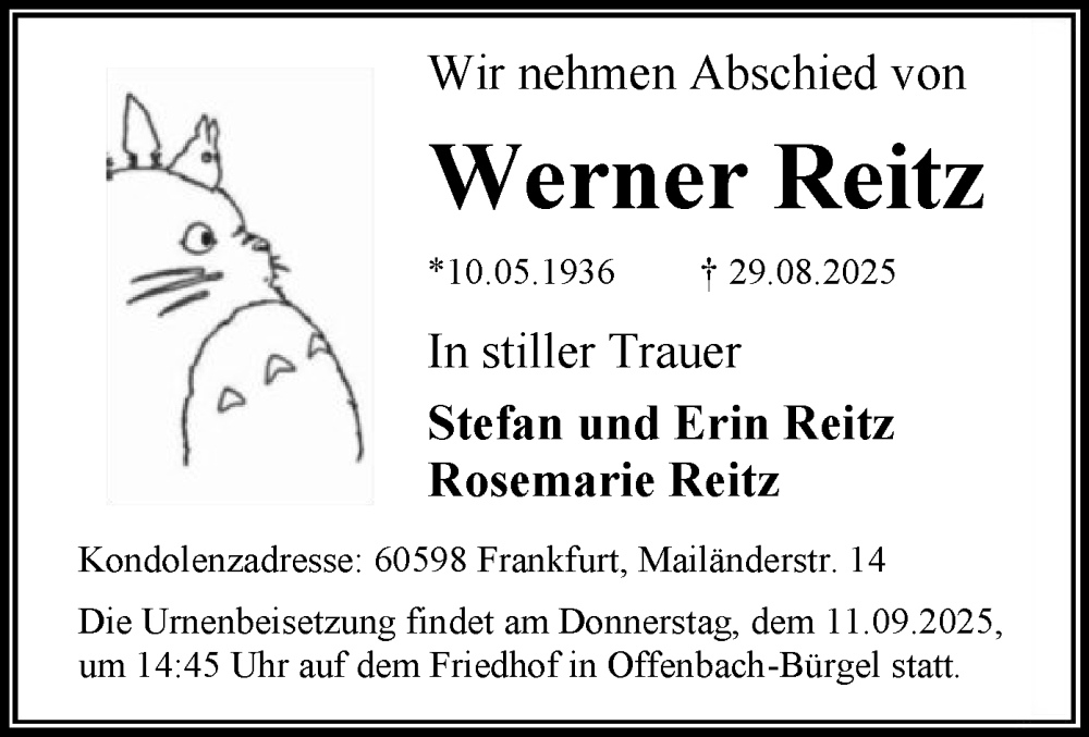  Traueranzeige für Werner Reitz vom 06.09.2025 aus OFOP
