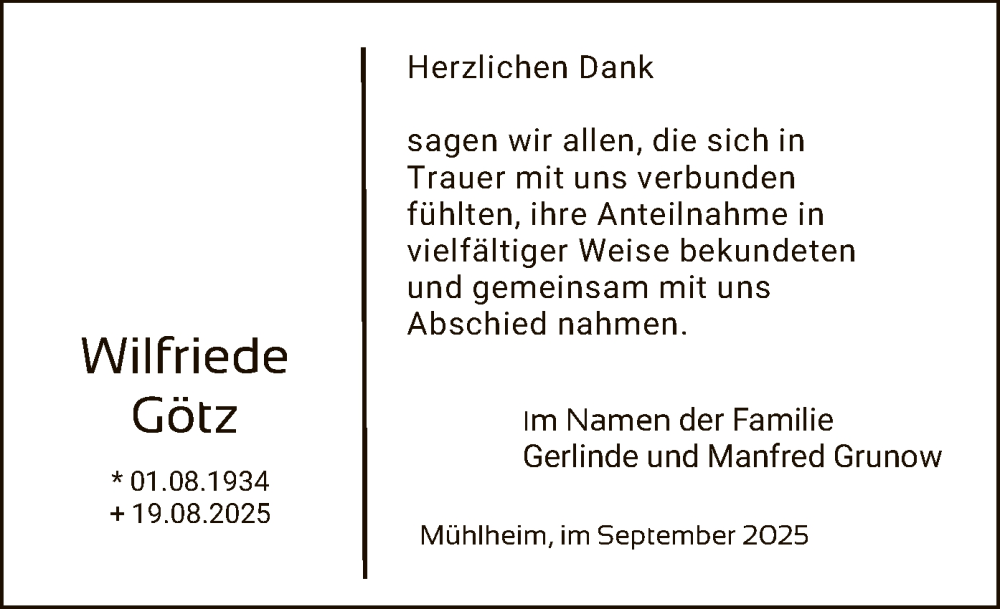  Traueranzeige für Wilfriede Götz vom 20.09.2025 aus OFOP