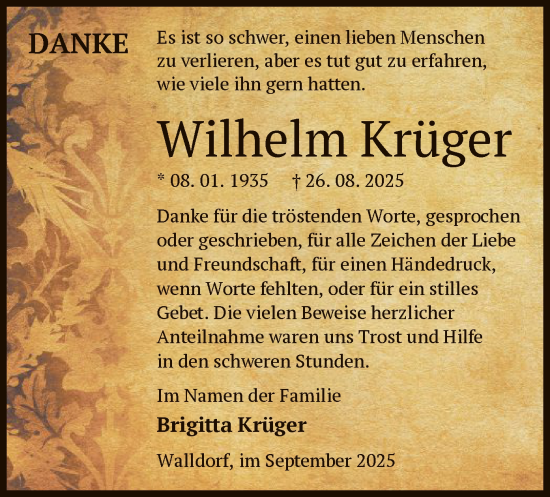 Traueranzeige von Wilhelm Krüger von OFMF