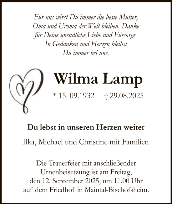 Traueranzeige von Wilma Lamp von OFHA