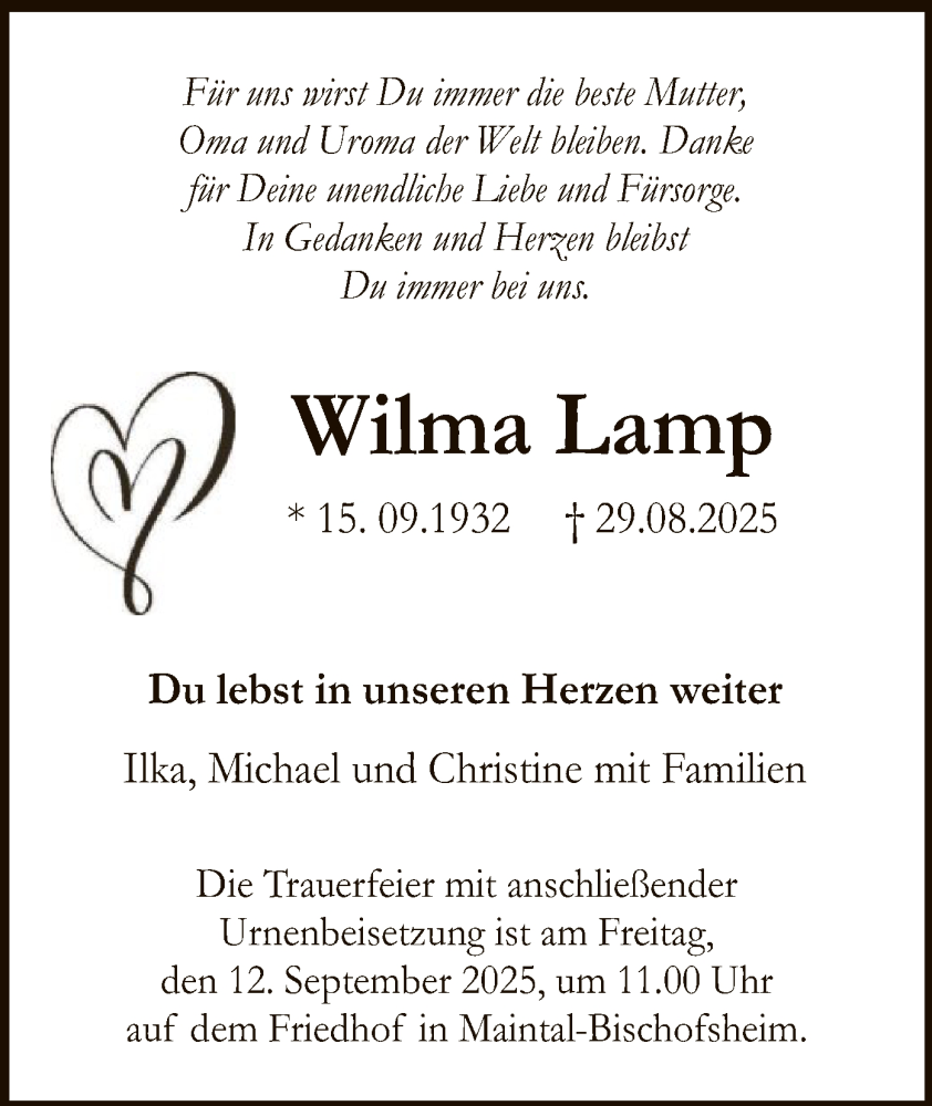  Traueranzeige für Wilma Lamp vom 06.09.2025 aus OFHA