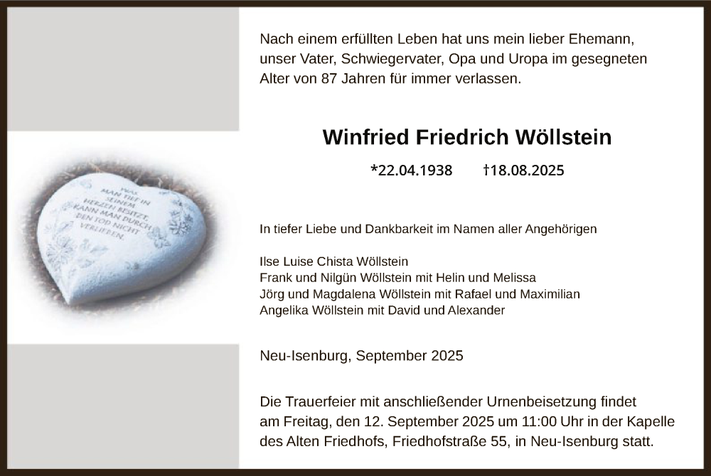  Traueranzeige für Winfried Friedrich Wöllstein vom 06.09.2025 aus OFOP
