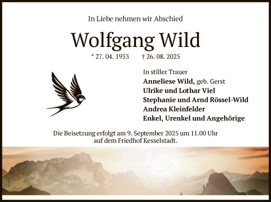 Traueranzeige von Wolfgang Wild von OFHA